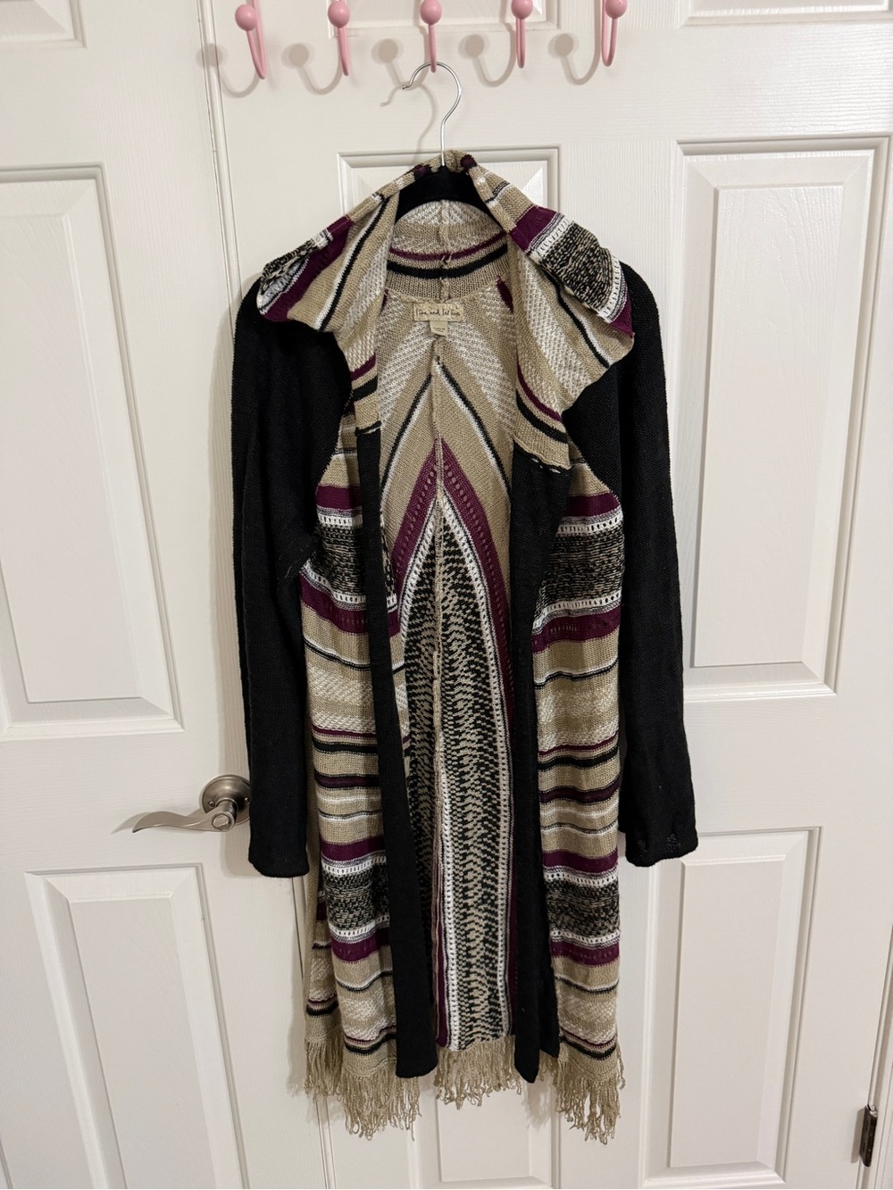 Live and Let Live L Black Beige Burgundy Geometric Hooded Fringe Duster Cardigan